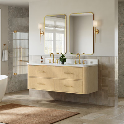Francesca WM 60 Inch Double Wall Mounted Bathroom Vanity in Scandinavian Oak, Rounded White Quartz Countertop, Undermount Square Sinks (3-Hole), Satin Bronze Trim