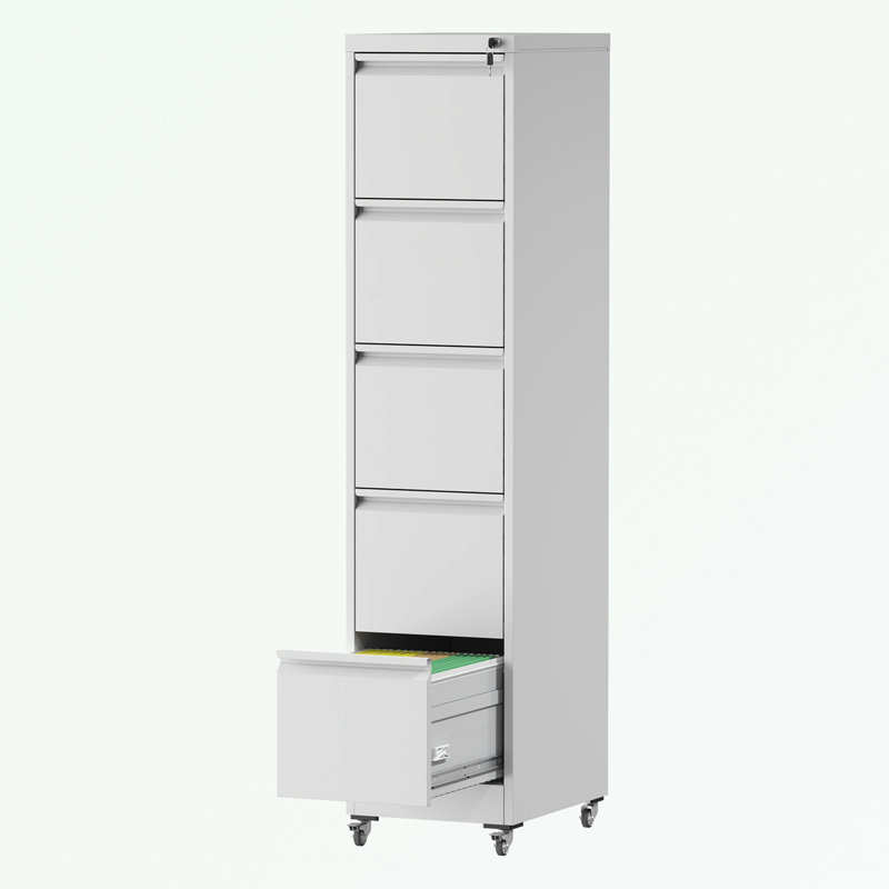 metal frame File Cabinet with 5 Drawers and wheels, White