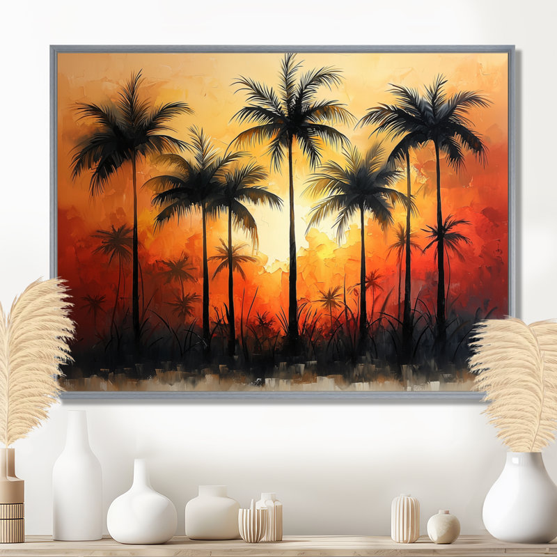 «Clarens Blossom Of Sunset Colors Plam Trees II» - art mural palmiers et palmiers, H 24 po x l 32 po, Argent argent