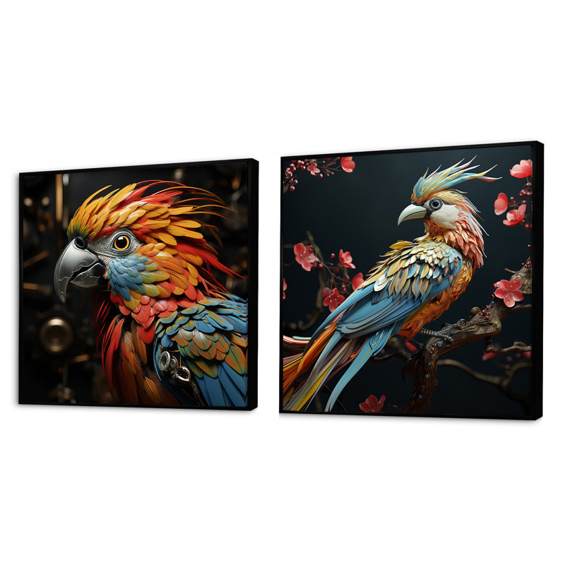 Ensemble de 2 oiseaux oiseaux expressionnistes, Cadre flottant noir, H 16 po x l 33 po