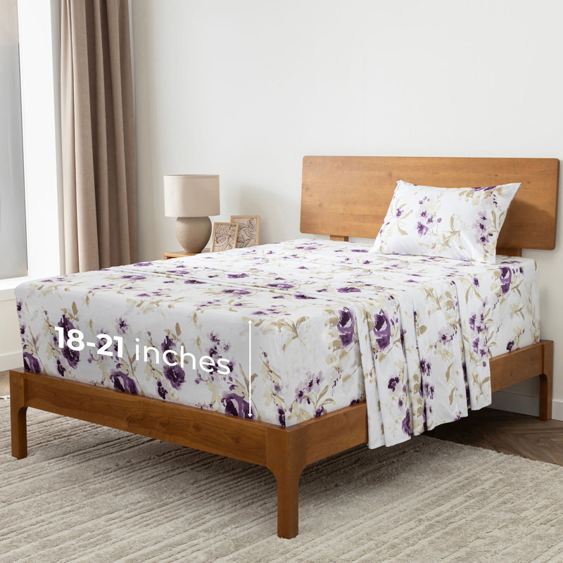 Ensemble de draps Mellanni 1800, Ensemble de draps pour taille de lit simple TG ave, Floral mauve Madison