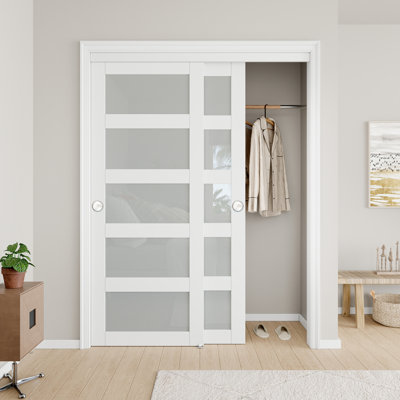 60in x 80in Sliding Closet Door Frosted Glass Panels In White with Installation Hardware Kit Sliding Door Also For Pantry 