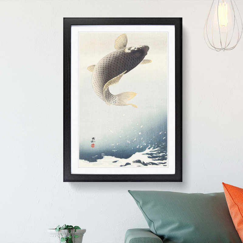 Jumping Carp Fish by Ohara Koson - Picture Frame Art Print, 48cm H x 36cm W x 2cm D, Black Framed
