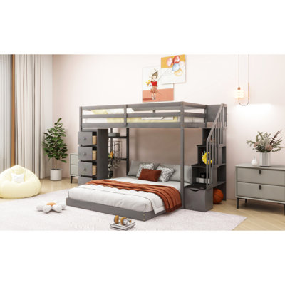 Lit superposé simple au-dessus d'un lit double gris avec tablettes et escaliers - Mobilier de chambre à coucher
