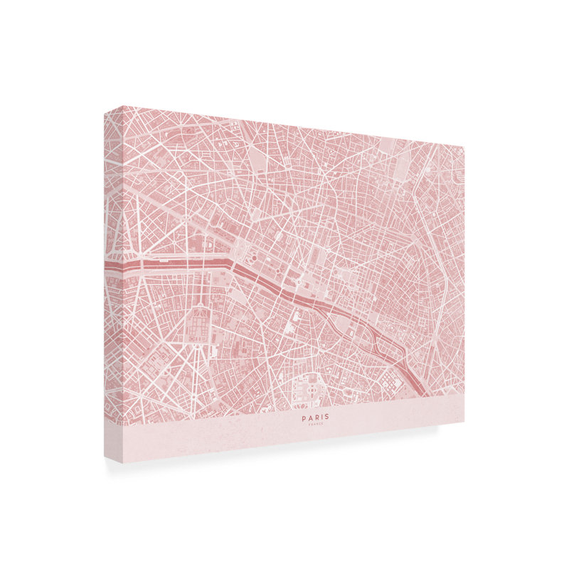 «Urban Living», carte de Paris délavée rose sur toile, H 14 po x l 19 po x P 2 po