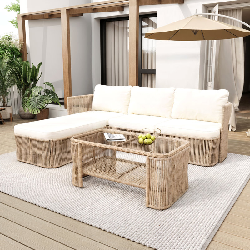 Ensemble de mobilier d'extérieur en rotin PE avec structure en fer, canapé de conversation en osier beige foncé
