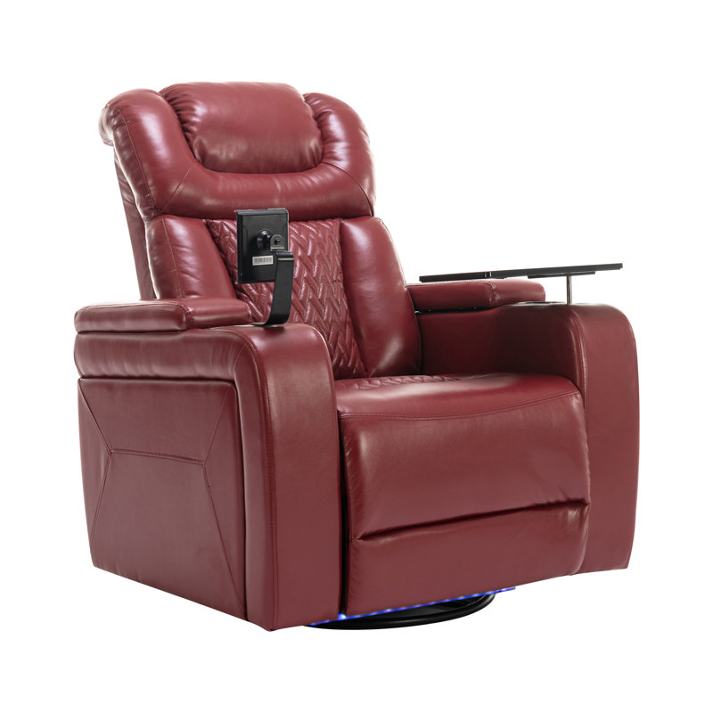 270 Degree Swivel PU Leather Power Recliner Individual Seat Home Theater Recliner With Tray Table, Red Faux Leather