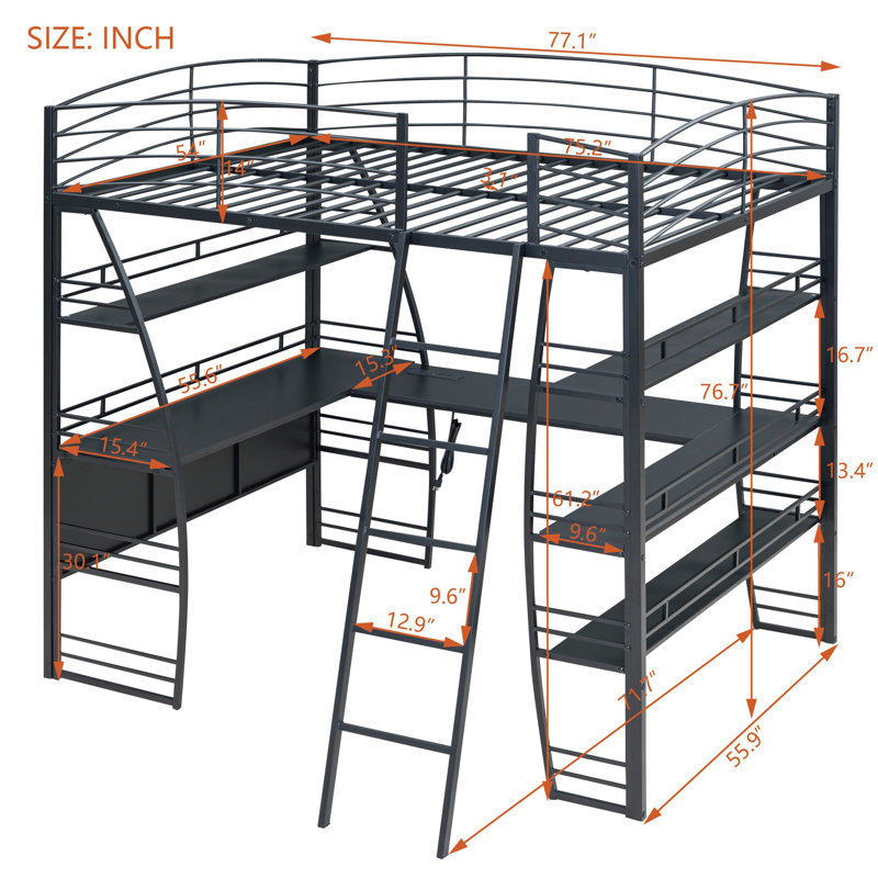 Lit mezzanine avec 4 niveaux de tablettes et bureau en L, Lit double, Noir 