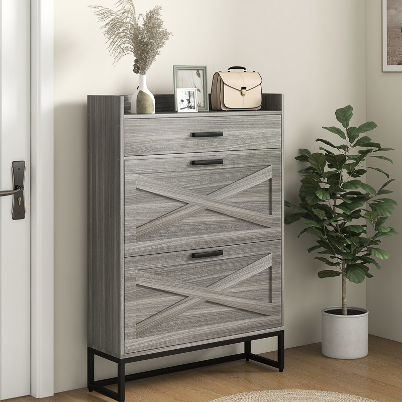 Armoire à chaussures étroite, armoire de rangement à chaussures industrielle avec 2 tiroirs rabattables, tablettes réglables et tiroir supérieur, rangement pour chaussures dissimulé pour 12 paires de chaussures