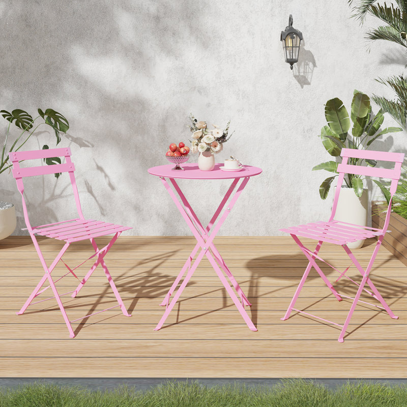 3-Piece Wrought Iron Bistro Set – Folding Cafe Table with 2 Chairs – Anti-Rust, Waterproof Design – Perfect for Small Spaces Indoors and Outdoors, Porch, Lawn, or Balcony, Pink