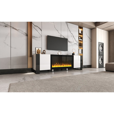 Meuble télé moderne avec foyer électrique non chauffant de 34,2 po, centre de divertissement ultrabrillant avec 2 armoires, console multimédia pour téléviseur de 78 po ou moins