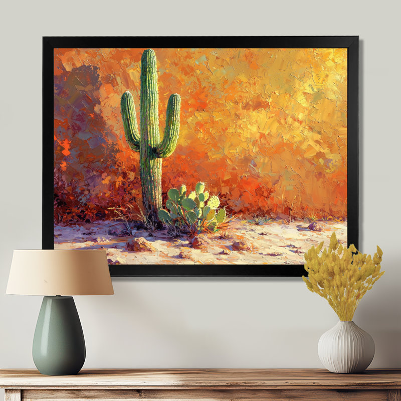 Saguaro dans la lumière dorée I - cactus, art mural sur toile, H 12 po x l 20 po, Avec cadre, Noir