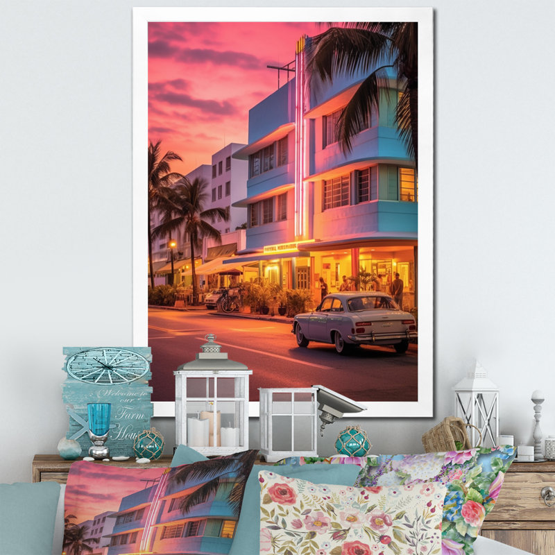 Miami Ocean Drive Neon, reproduction d'art sur toile, H 32 po x l 24 po x P 1 po, Cadre photo blanc