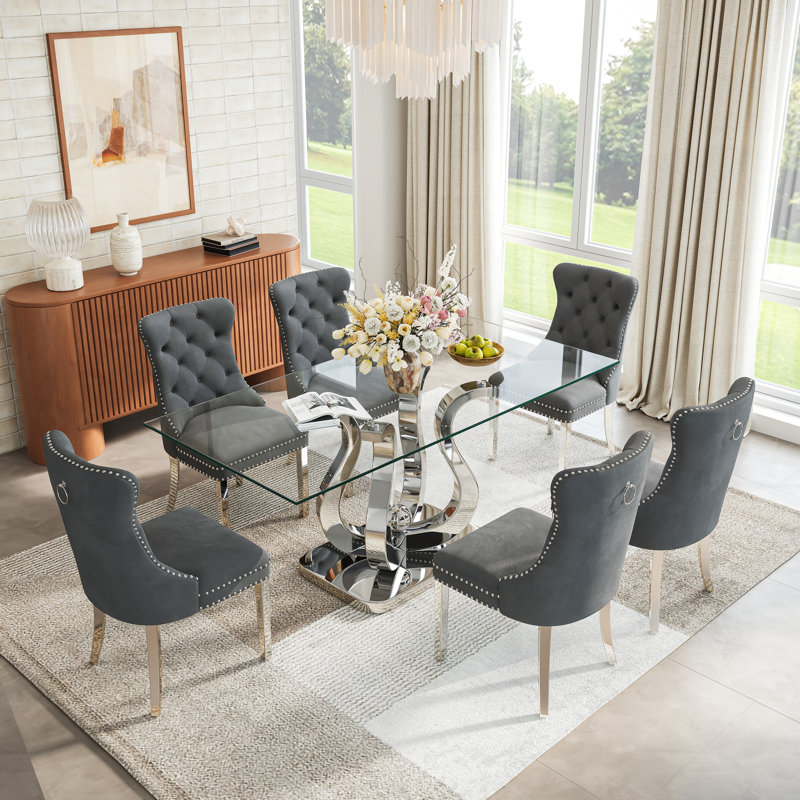 Modern 69" Rectangular Glass Dining Table With Polished Steel Base & Set Of Velvet Upholstered Dining Chairs, Gray/Silver