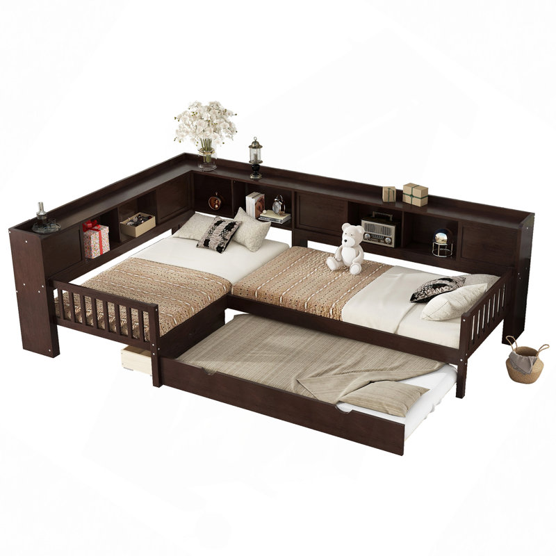 L-Shaped Platform Bed With Trundle, Platform Bed With Storage Drawers And Shelves, No Spring Box Needed, Espresso