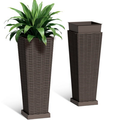 24/32 in. Imitation-Wicker Plastic Tall Planter Pot with Drainage Hole & Tray