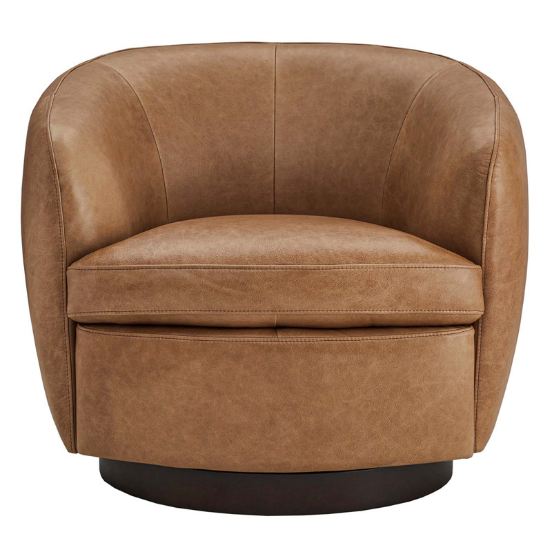 Marcy Geniue Leather Swivel Barrel Chair, Marseille Brown Genuine Leather