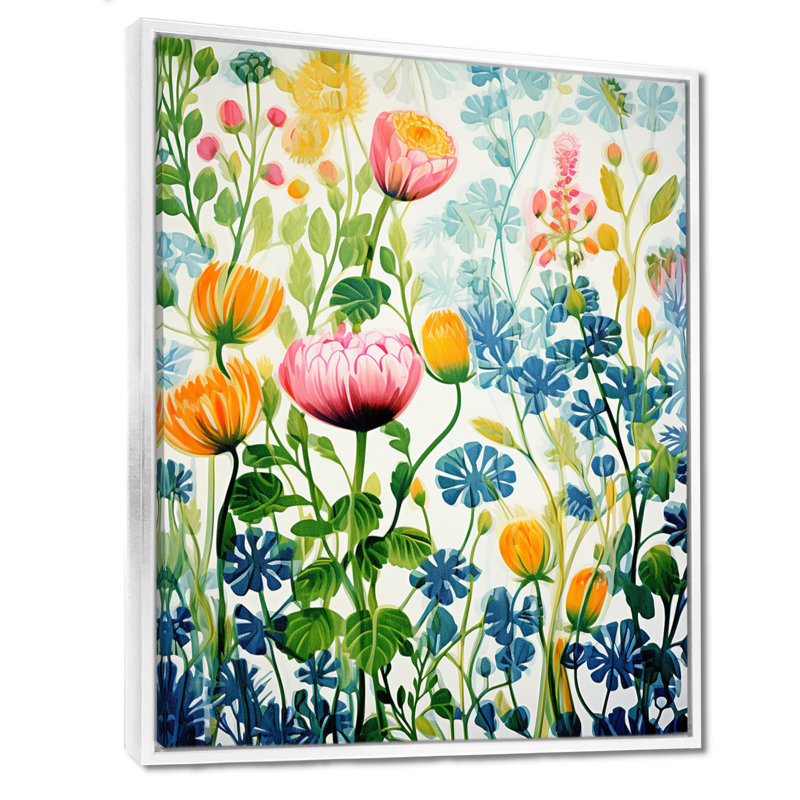 Vibrant pivoines dans la prairie - pivoine, art mural, H 32 po x l 24 po, Cadre flottant blanc, bois massif