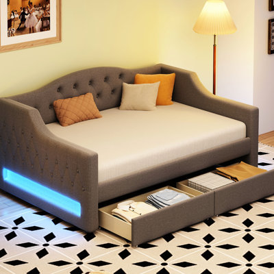 Lit de jour simple TG avec housse en lin gris, ceinture à DEL, 2 tiroirs et structure en bois pour un revêtement de lit de chambre à coucher, finition de style