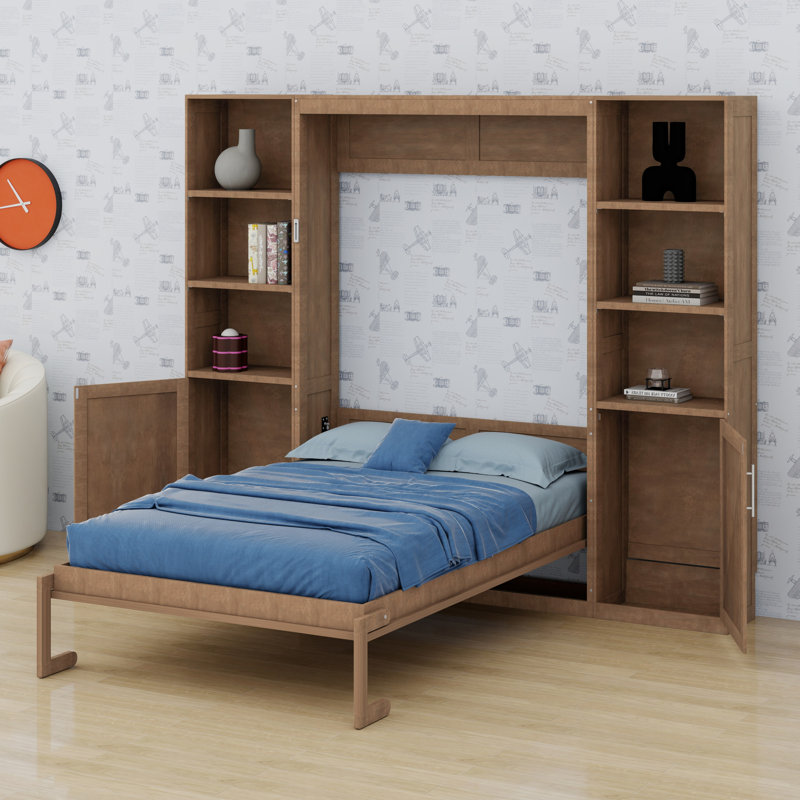 Lit escamotable en bois avec tablettes et armoires de rangement