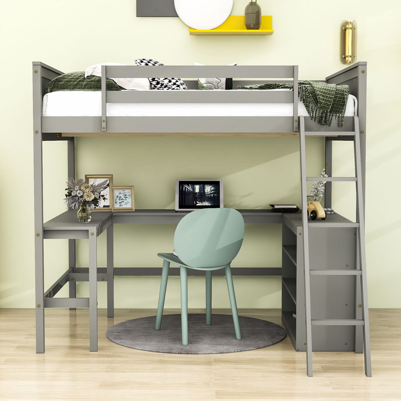 Wood Loft Bed with Desk and Shelves, Gray, Full