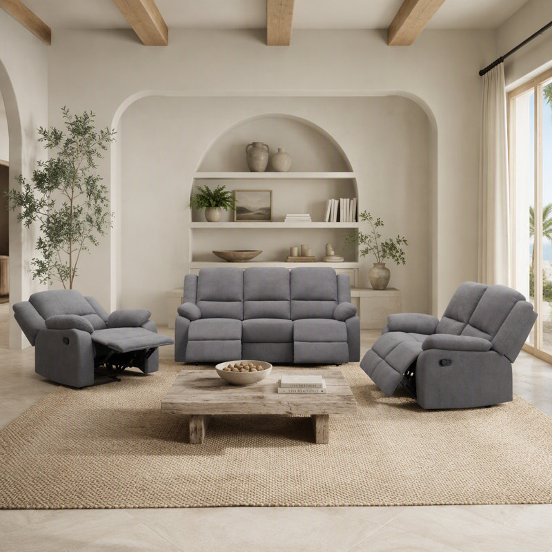 Ensemble de canapé inclinable 3 pièces - canapé 3 places, causeuse et fauteuil inclinable simple, Polyester gris