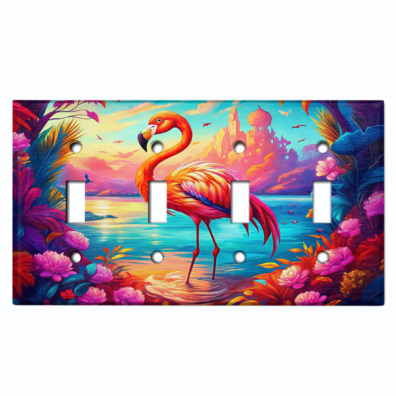 Couvercle de plaque d'interrupteur en métal; Bascule de taille standard US 4 - Fantasy Flamingo, # 4 Quad bascule