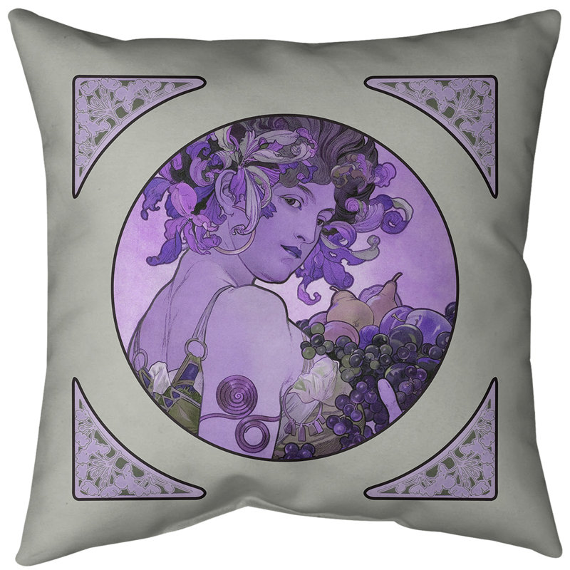 Insert de coussin décoratif à motif de fruits Alphonse Mucha, Duvet synthétique, Mauve, 20 po x 20 po