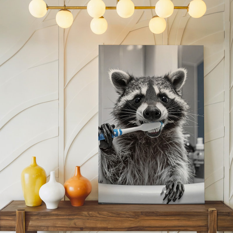 Toile, art mural, raton laveur se brossant les dents dans une salle de bain, H 24 po x l 18 po