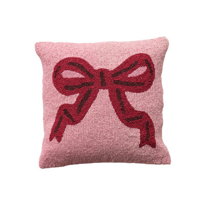 Glass Bead Embellished Cotton Pillow with Bow