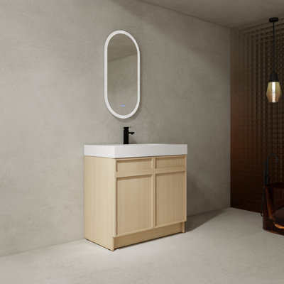 Freestanding Bathroom Sink Cabinet With Resin Washbasin. Modern Look, Spacious. Plywood Vanity And Soft-Close Doors. Design, Construction. Spacious Storage Area