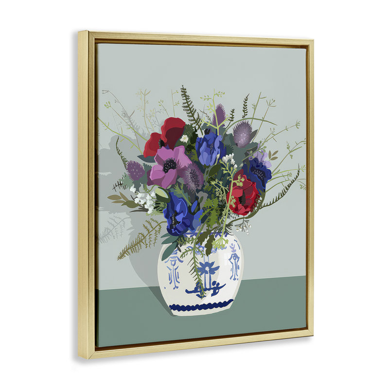 «Ginger Jar & Anemones» par Betty Boynes, H 21 po x l 17 po, Cadre flottant métallique doré