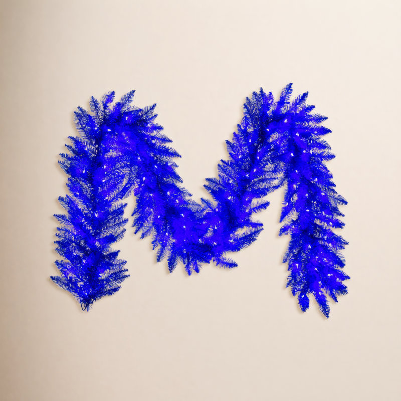 9' x 14" Blue Artificial Pre-Lit Garland with Warm White LED Mini Lights, Bright Blue