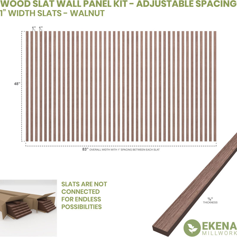 Adjustable Wood Slat Wall Panel Kit, 94" H x 59" W x 0.375" D, Walnut