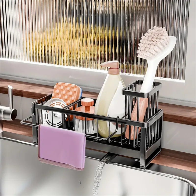 Organisateur d'évier de cuisine avec porte-brosse - Support de rangement à comptoir à compartiments multiples pour éponges, savon et outils de nettoyage, conception durable et peu encombrante