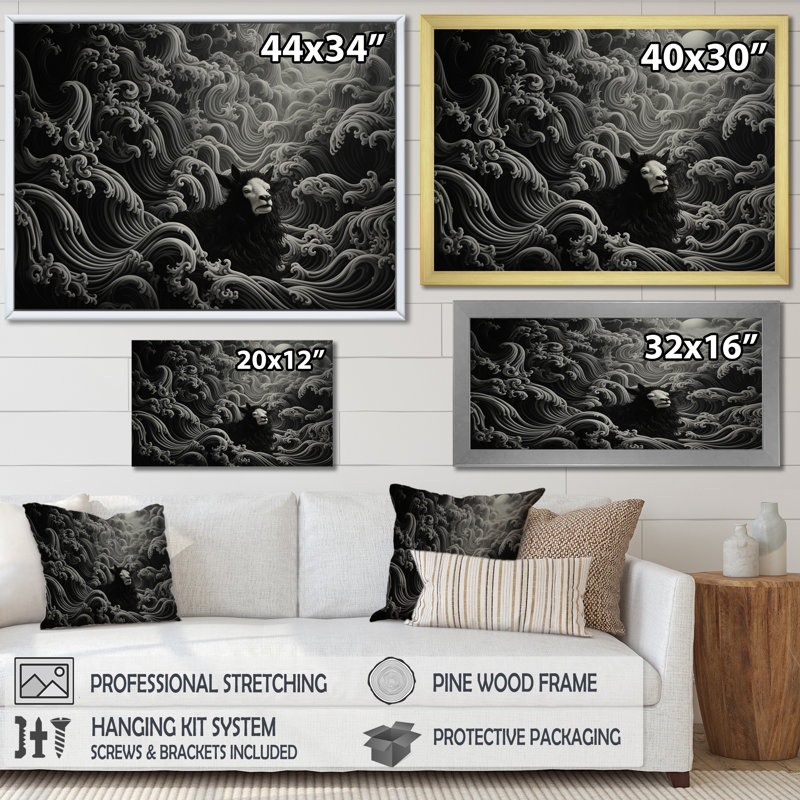 Portrait abstrait de chèvre noir et blanc III - Chèvre, art mural, Cadre de coin argenté fermé, H 16 po x l 32 po x P 1 po
