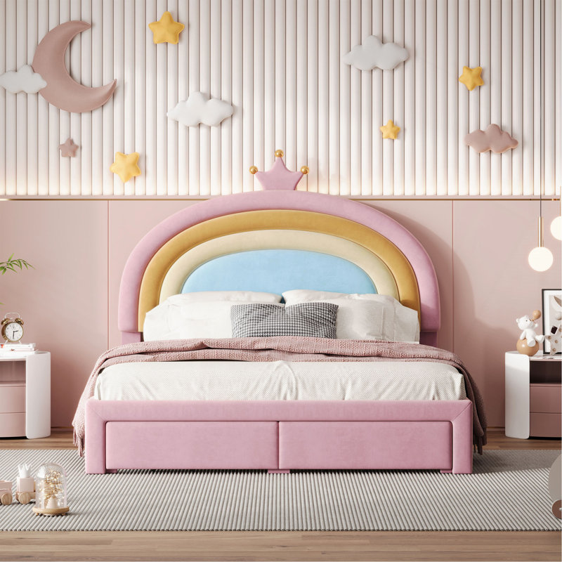 Full Size Upholstered Rainbow Design Bed, Velvet Princess Platform Bed With Storage Drawer, No Box-Spring Needed,Colorful&Pink