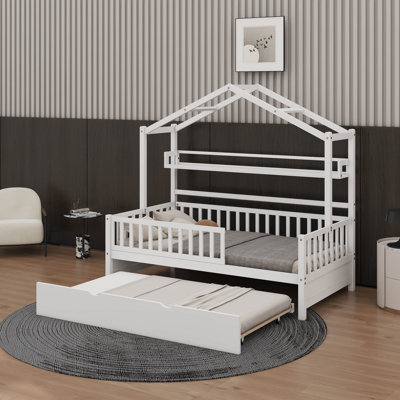 Lit simple en bois en forme de maison pour enfants avec lit gigogne et tablette intégrée