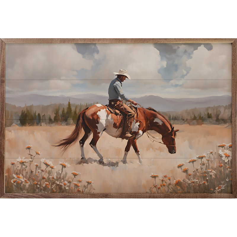 Peinture cheval et cavalier encadré sur bois, H 10 po x l 16 po