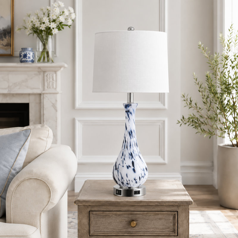 Lampe de table moderne en verre bleu avec tissu blanc et ports de charge