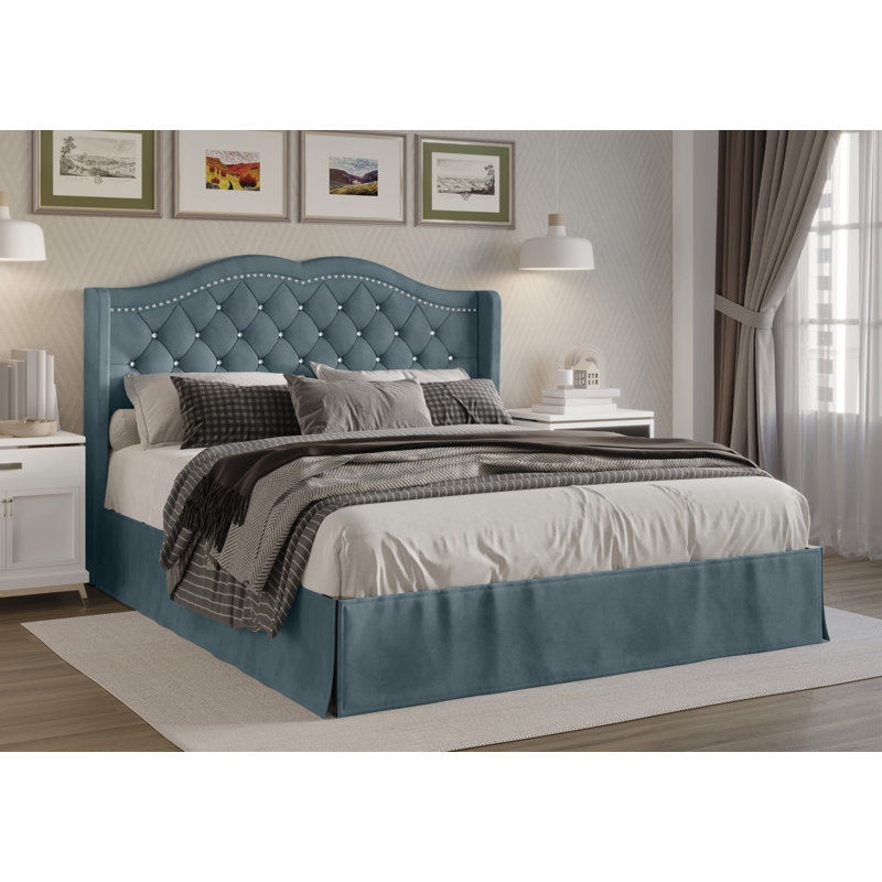 Lit plateforme tapissier simple Almanzo, Bleu, Très grand