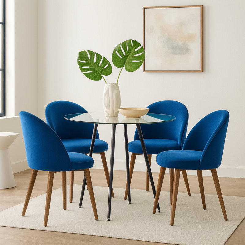 5-Piece Round Dining Set With Tempered Glass Table And Velvet Upholstered Side Chairs, Small-Space Design, Blue