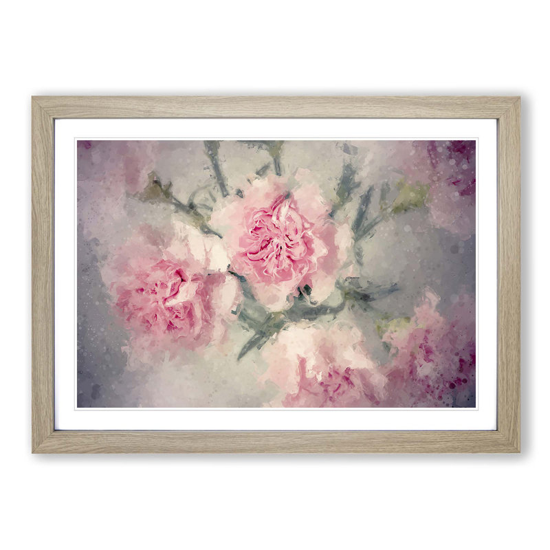 Pale Pink Carnation Flowers in Abstract - Picture Frame Painting Print, Oak Framed, 36cm H x 48cm W x 2cm D