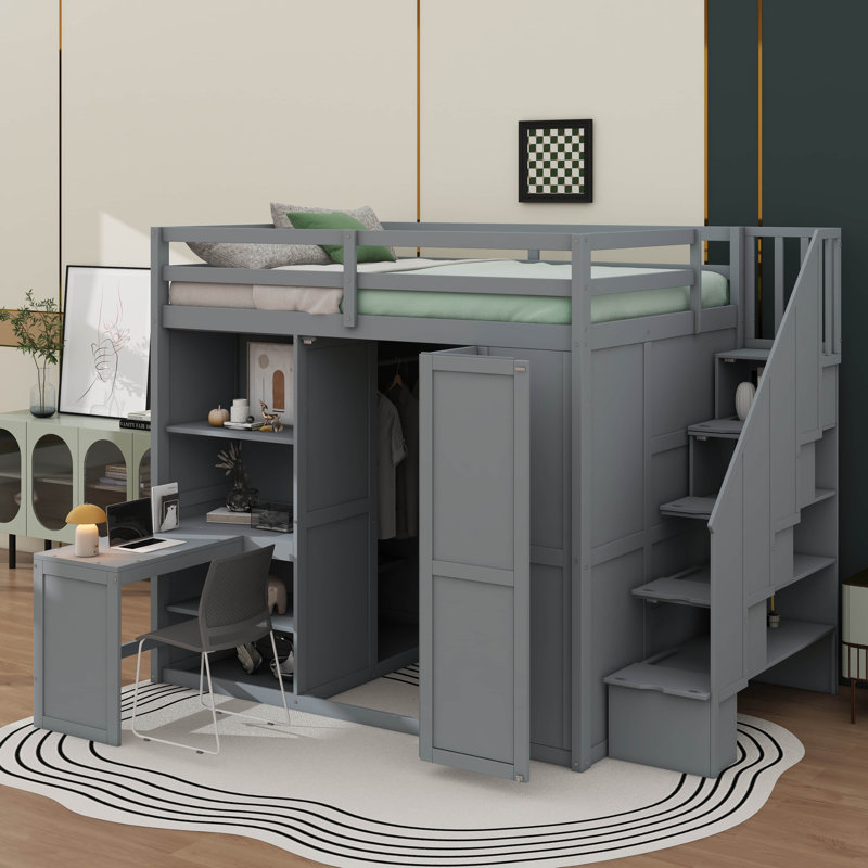 Full-Size Bed Incorporating A Built-In Wardrobe, Desk, And Shelving System, Gray
