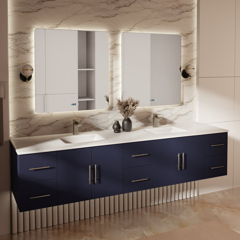 Geneva 84" Wall-Mounted Double Bathroom Vanity Set with Mirror, Navy Blue, White Cultured Marble