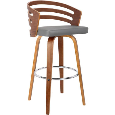 Tabouret tournant Mid-Century moderne avec siège en similicuir gris et base en bois de noyer