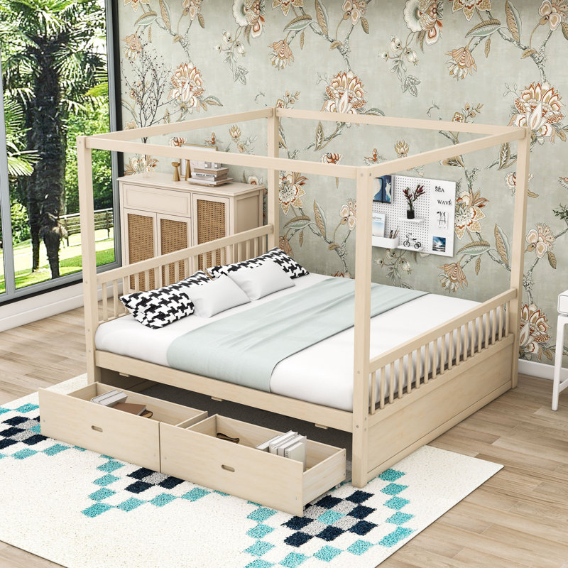 Two Drawers Wooden Canopy Bed with Slats, Natual, King