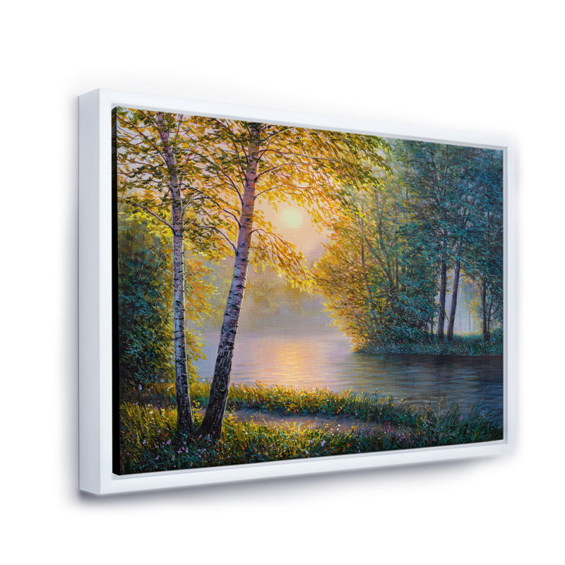 «Morning Summer With Beautiful River Spring Forest», peinture sur toile, H 24 po x l 32 po x P 1 po, Cadre flottant blanc
