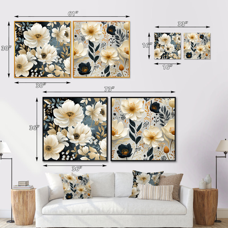 Portneuf - Ensemble de 2 collages floraux carrés, H 16 po x l 33 po, Cadre flottant doré