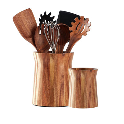 360° Rotating Kitchen Utensil Holder, Acacia Wood Crock, (Brown)
